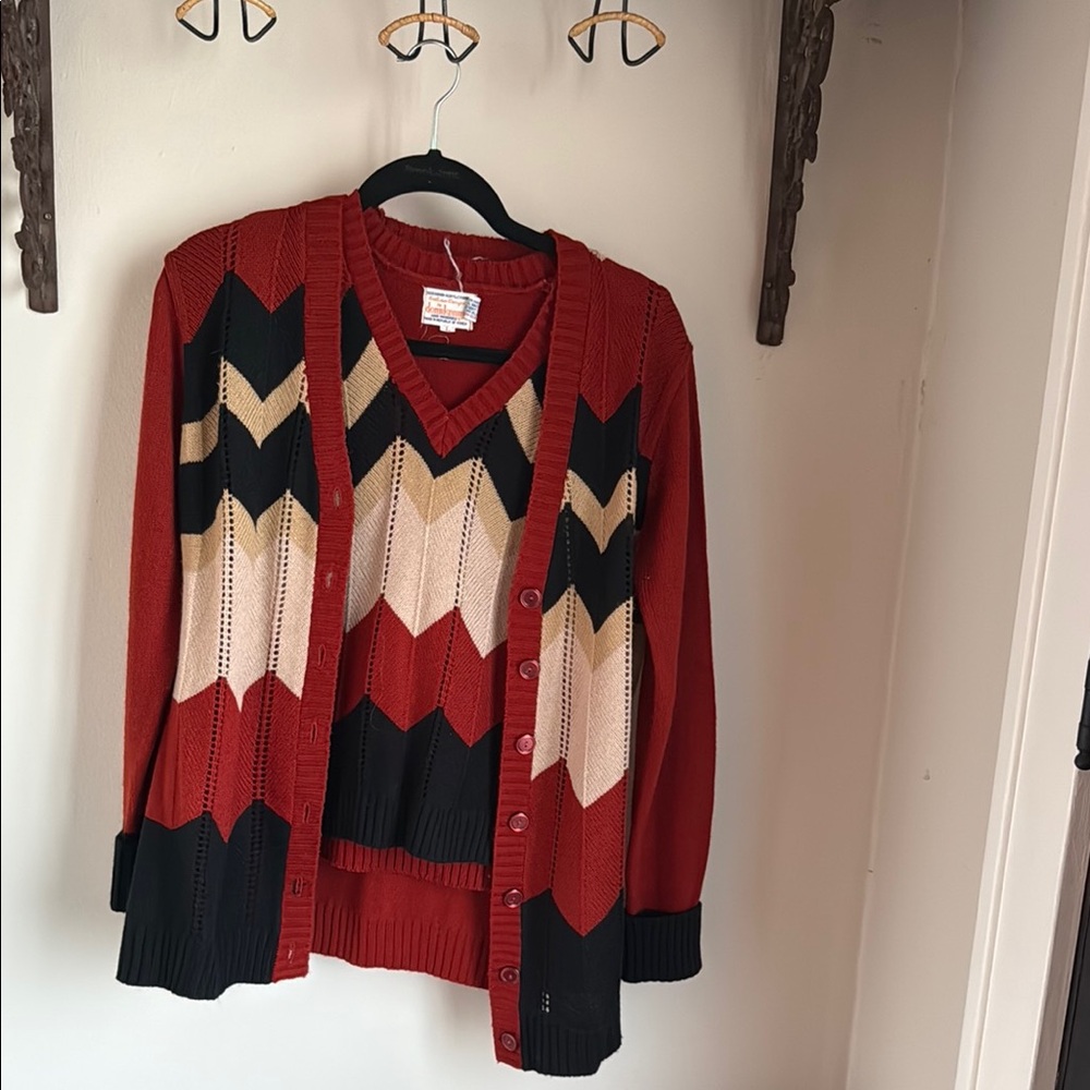 Vintage Chevron Red and Black & Tan Sweater Vest Combo